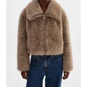 NEW LAMARQUE nova faux fur wolf jacket in brown